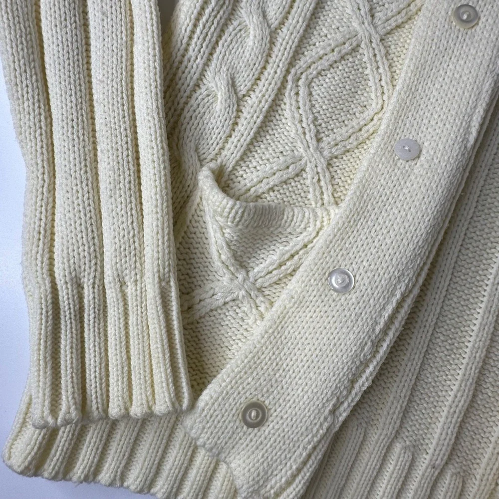 Vintage Unicorn Cable Knit Cardigan Sweater Cream Shawl Collar Fisherman Sz M
